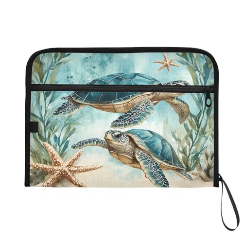 13 Pockets Expanding File Folder Sea Turtle Starfish Accordion File Organizer A4 Letter Size Paper Document Storage Zipper Expandable Folders with Labels