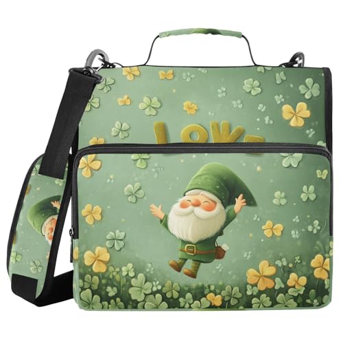 Golden Clover Gnome Zipper Binder 3 Ring 1.5 Inch School Binder Organizer with Shoulder Strap Handle File Folder Pockets Large Capacity Students Girl Boy Men Office Work - color: Golden Clover Gnome