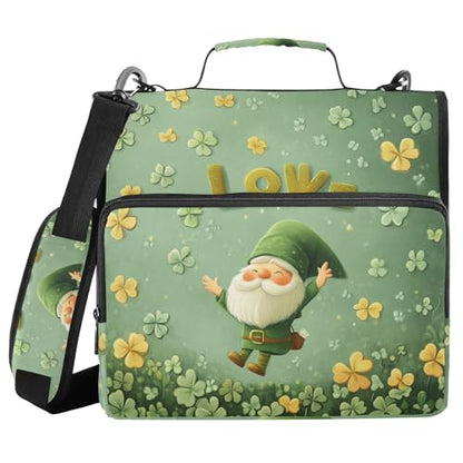 Golden Clover Gnome Zipper Binder 3 Ring 1.5 Inch School Binder Organizer with Shoulder Strap Handle File Folder Pockets Large Capacity Students Girl Boy Men Office Work - color: Golden Clover Gnome