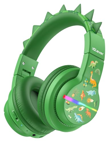 iClever BTH12 Kids Bluetooth Headphones,Colorful LED Lights Wireless Kids Headphones,74/85dBA Safe Volume,85H Playtime,Bluetooth 5.2,Over Ear Dinosaur Headphone Built-in Mic for iPad/Tablet/Airplane - color: C-Green
