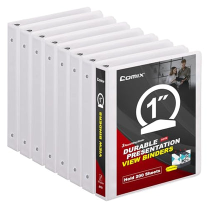 COMIX Sturdy 3 Ring Binder 1 inch with Clear View Cover, 1" Round Ring View Binder, PVC-Free, 2.4mm-Thick, 200 Sheets Capacity of US Letter Size Paper, Office ＆ School Supplies, 8 Pack (White) - color: White, size: 1 Inch, style: 8 Pack