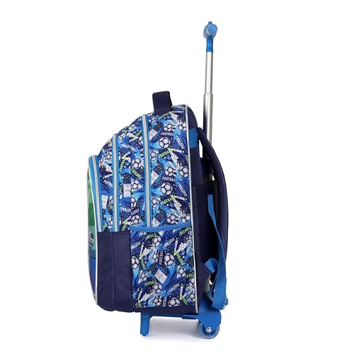 Cartoon Rolling Backpack for Boys Girls, Kids 5 Pcs Wheeled Backpack, Travel Backpack for Elementary Students (Football Blue) - color: Football Blue