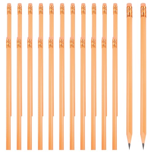 PATIKIL Round Pencils, 24 Pcs Triangle HB Graphite Pencil Wooden Pencils with Eraser for Classroom Office Writing Drawing Supplies, Orange - color: Orange, size: 1 Count (Pack of 24)