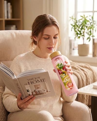 Nefeeko 32 oz Glass Water Bottles with Straw, Motivational Time Marker, 1 Liter BPA FREE Leakproof Reusable Glass Water Bottle with Silicone Sleeve, Bamboo Lid, Spout Lid - color: Pink