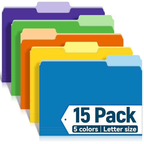 V-Opitos Two-Tone Color File Folders, 15 Pack Letter Size with 5 Mutlcolors | Assorted Colors, File Folders, 1/3-Cut Tabs, School Office Supplies