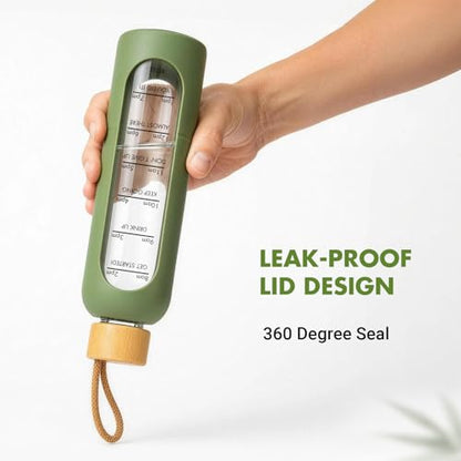 32 OZ Glass Water Bottles, Borosilicate Glass Bottle with Time Marker, 1 Liter Leak Proof Reusable BPA Free Motivational Water Bottles with Silicone Sleeve and Bamboo Lid (Green) - color: Green