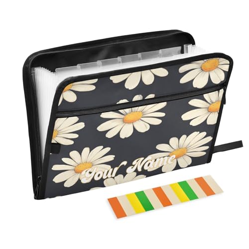 Custom Name Black Daisy Corn Poppy Accordion File Organizer Personalzied Text Expanding Document Folder with 13 Pockets Portable File Folder for A4 Letter Size - color: Black Daisy Corn Poppy, size: Custom