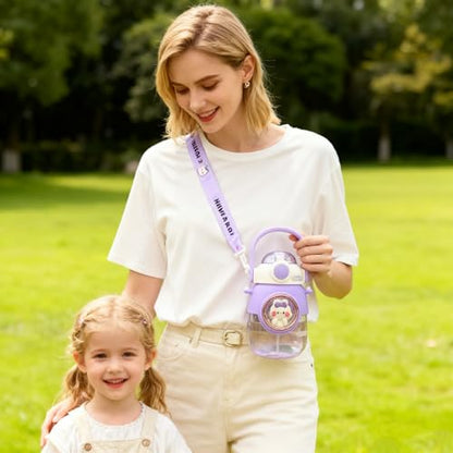 LEJN 28 oz Water Bottle Kawaii with Adjustable Shoulder Strap for Summer Cold Water Chill Portable Leakproof BPA-free Cartoon Children Cup Capsule Bottle Traveling Hiking (Purple820ml) - color: Purple820ml