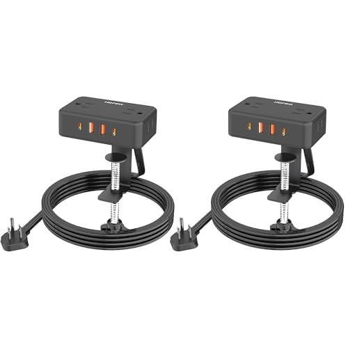 HOPOW Desk Clamp Power Strip, 2 Pack Desktop Mount Charging Station with 4 Outlets 4 USB Ports (2 USB C), 10Ft Under Desk Power Strip, Fits 2.75" Tabletop Edge, Extension Cord for Home Office, Black - color: Black, size: 10 Ft-2P