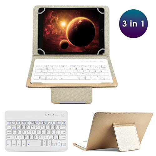 DETUOSI Universal 8.0 inch Android Tablet Case with Keyboard, Removable Wireless Bluetooth Keyboard + PU Leather Folio Book Cover + Stand, Travel Portable Sleeve for iOS/Android/Windows System Tablet - color: Gold Case + White Keyboard