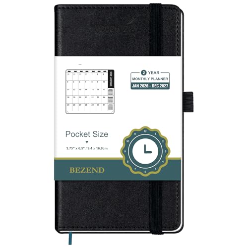 BEZEND Pocket Monthly Planner 2026-2027 (3.5" x 6.5") 2 Year Calendar Book for Purse with Note Pages, 100 GSM Paper, Inner Pocket, Pen Holder, Vegan Leather Hardcover in Black - color: Black, size: Pocket 3.5" x 6.5"
