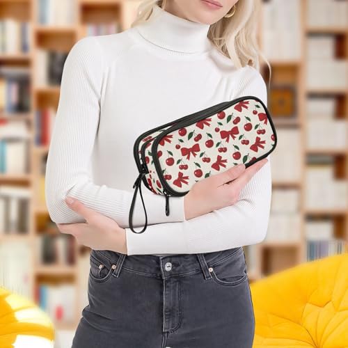 ALAZA Red Cherry Bow Pattern Large Pencil Case, Pen Pouch Pencil Bag with 3 Compartments Pen Holder Organizer Stationery Bag - color: Cherry Bow