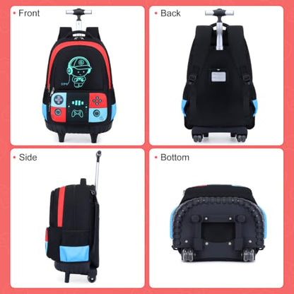 Bevalsa Rolling Backpack for Boys,Cool Luminous Gamer Roller School Backpacks with Lunch Box & Pencil Case,Kids Wheeled Schoolbag Bookbag with Wheels for Kindergarten Elementary School Travel - color: Red Blue