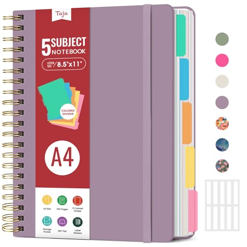 Hardcover Spiral Journal Notebooks for Work With Removable Dividers & Tabs, 8.5"x11" 5 Subject Notebook for Note Taking & Organizer, A4 College Ruled Lined Journal for Women & Writing, Purple, 280 Pages - color: G-Purple