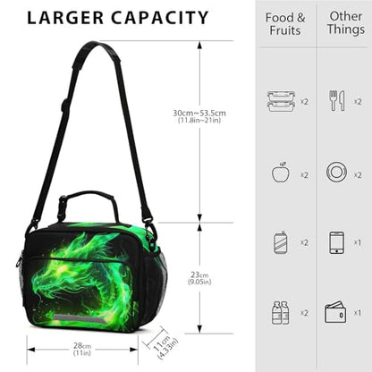 Green Flame Dragon Kids Lunch Box Insulated Lunch Bags Cooler Tote Bag with Removable Shoulder Strap for Boy Girl Student 20856151 - color: Green Dragon