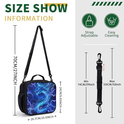 Blue Lightning Dragon Lunch Box for Boys Girls Kids Insulated Lunch Bag Cool Dinosaur Animal Reusable Lunch Cooler Tote Bags Thermal Lunchbags with Side Pocket for Work School Picnic - color: Dragon Blue