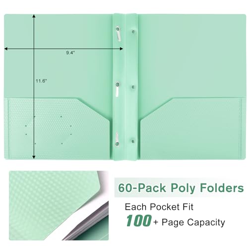 60-Pack Plastic andPockets and Prongs,2-Pocket and3 Fasteners, Pastel Folders Holds 8-1/2" x 11" Paper for School/Office/Home, Green - color: Light Green, size: 60-Pack