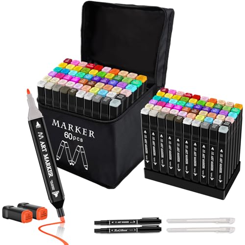 Banral 60 Colors Alcohol Markers Set, Dual Tip Alcohol Based Art Marker for Artists Adult Coloring, Permanent Illustration Sketch Pens for Drawing with Case and Holders - color: 60 Colors