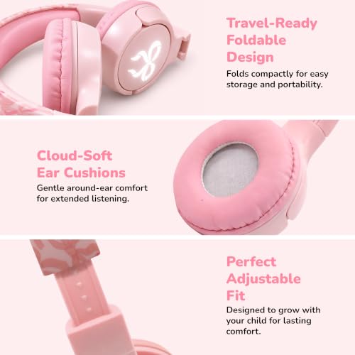 Kids Safe Wireless Light Up Headphones, Foldable Tangle-Free 3.5mm Jack, Volume Limiting 85/94dB, Over-Ear with Microphone for School/Toddlers/Teens/Boys/Girls/Ipad/Tablet/Kindle/Phones/Travel/Plane - color: Pink