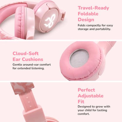 Kids Safe Wireless Light Up Headphones, Foldable Tangle-Free 3.5mm Jack, Volume Limiting 85/94dB, Over-Ear with Microphone for School/Toddlers/Teens/Boys/Girls/Ipad/Tablet/Kindle/Phones/Travel/Plane - color: Pink