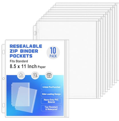 Antner 10 Pack Letter Size Binder Pockets 3 Ring Binder Zipper Pouch, 3-Hole Waterproof Resealable Zip Loose Leaf Insert Bags PVC Document Organizer Folders Page Sheet Protectors for 8.5x11 Paper