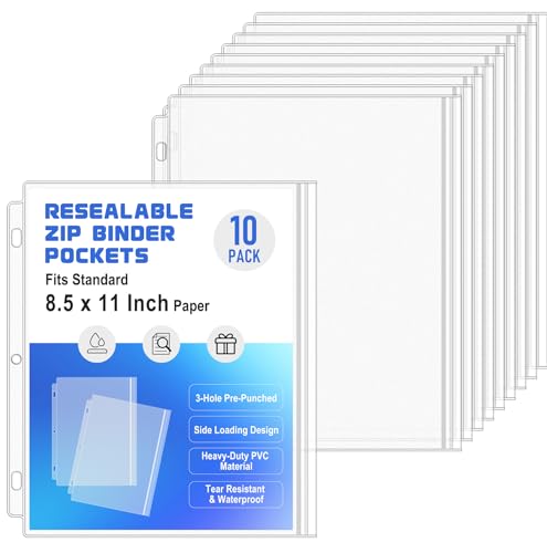 Antner 10 Pack Letter Size Binder Pockets 3 Ring Binder Zipper Pouch, 3-Hole Waterproof Resealable Zip Loose Leaf Insert Bags PVC Document Organizer Folders Page Sheet Protectors for 8.5x11 Paper