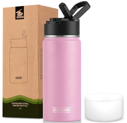 koodee 16 oz Water Bottle Stainless Steel Double Wall Vacuum Insulated Flask Kids Sports Water Bottle with Leakproof Straw Lid (Pink - color: pink-A, size: 16 Ounces
