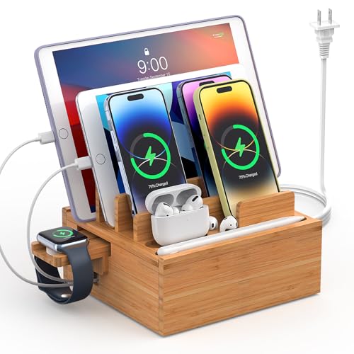 Pezin & Hulin Bamboo Charging Station Holder with 5 Port USB Charger, 5 x Charge Cables, Watch Stand, Wood Docking Stand Electronic Organizer for Multiple Devices, Phones, Tablets and Earpods - color: #1 (With Charger)