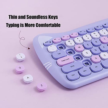 Cute Cat 2.4G USB Wireless Keyboard and Mouse Combo, Silent Keys, Candy Colors, Compatible with Notebook, PC (Purple-84Keys) - color: Purple-84Keys