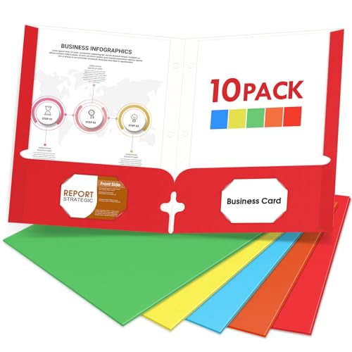 10 Pack Folders with Pockets, 2 Pocket Letter Size File Folders for School | Assorted Colors, 3 Hole Punched with Business Card Slot, 100 Sheets Capacity, Suitable for Office Home, Back to School