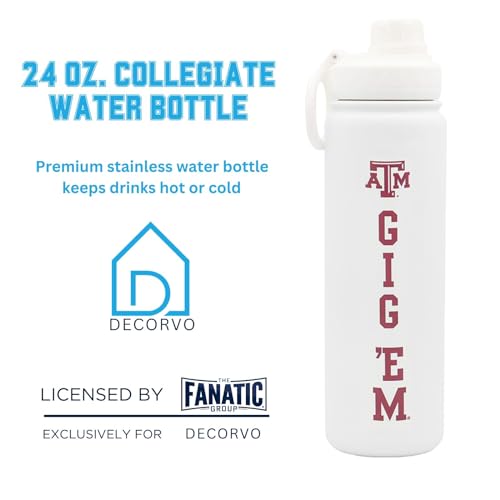 Texas A&M Water Bottle - White Double Walled Stainless Steel 24 oz Keeps Drinks Cold or Hot - color: Texas A&M Gig Em - White