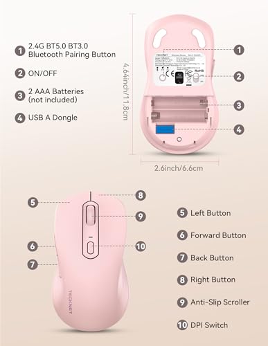 TECKNET Bluetooth Mouse, [ USB + BT1 + BT2 ] Wireless Mouse for Laptop, Silent Click, Ergonomic Design, 4800 DPI Computer Mice Wireless, Dual Mode for Laptop, Computer, iPad, MacBook - color: Pink