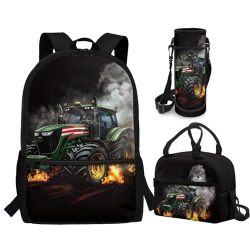 CLOHOMIN Fire Tractor Backpack with Lunch Box Set for Boys 10-12 Cool Book Bag and Lunch Bag for 5th Grade Kids Elementary School Student Schoolbag and Lunchbox and Water Bottle Carrier, 3 in 1 - color: Fire Tractor Print