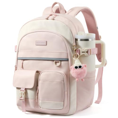 LOVEVOOK Backpack Purse with Large Cup Holder Fit 15.6 Inch Laptop - color: Pink-white With Reflective Strip, size: 16 inch-Reflective strip