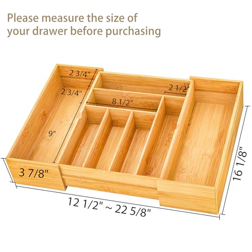 BAMEOS 3.9inch Tall Bamboo Drawer Organizer, Expandable Utensil Holder with 8 Compartments, Adjustable Kitchen Drawer Divider for Flatware, Silverware and Gadgets, Deep Storage for Home and Office - size: 3.9''H 22X16
