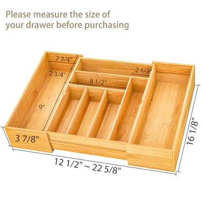 BAMEOS 3.9inch Tall Bamboo Drawer Organizer, Expandable Utensil Holder with 8 Compartments, Adjustable Kitchen Drawer Divider for Flatware, Silverware and Gadgets, Deep Storage for Home and Office - size: 3.9''H 22X16