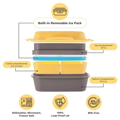 Ultimate Bento Box - Lunch Box for Kids & Adults with Removable Ice Pack - Leakproof, Multi-Compartment Food Container with Removable Containers - Microwave & Dishwasher Safe (Yellow/Gray) - color: Yellow/Gray
