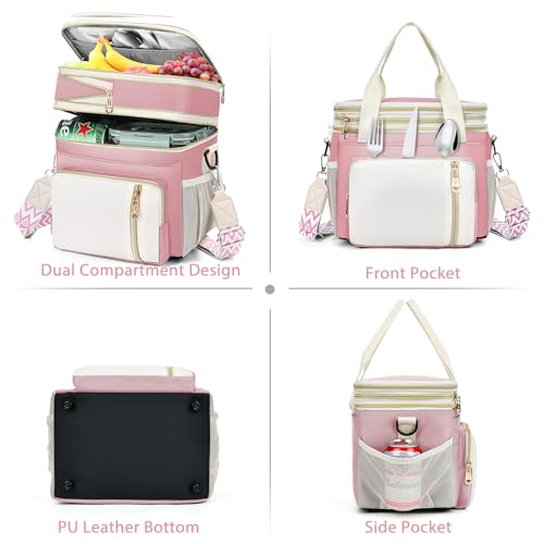 LOKASS Lunch Box & Lunch Bag for Women Men Double Deck, Large Insulated Adult Lunch Box Leakproof Lunchbox Cooler Bag for Work Picnic Beach,（Pink&White 16L） - color: Pink 1