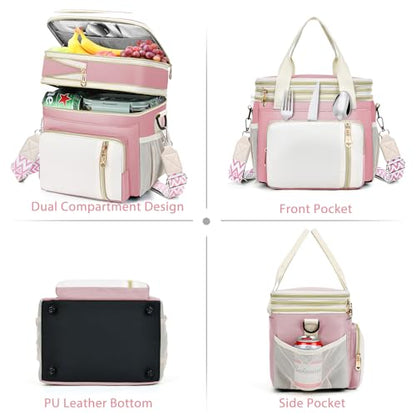 LOKASS Lunch Box & Lunch Bag for Women Men Double Deck, Large Insulated Adult Lunch Box Leakproof Lunchbox Cooler Bag for Work Picnic Beach,（Pink&White 16L） - color: Pink 1