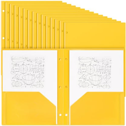 Yeaqee 50 Pcs Plastic Folders with Pockets Bulk 3 Hole Punched 2 Pocket File Folders for 3 Ring Binder Divider Folder for Notebooks, Durable Poly for Office Home (Yellow) - color: Yellow