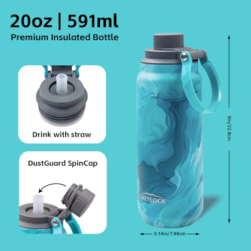Greylock 20 oz Insulated Water Bottle with Straw Lid, Reusable Stainless Steel Sports Water Bottles with Foldable Handle, Leak Proof, Double-Wall Vacuum Insulation, 24 Hours Cold (Tides) - color: Tides, size: 20 Ounces