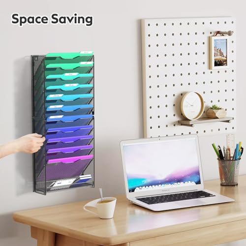samstar 12 Tier Wall File Organizer, Hanging Wall Mount File Holder Paper Folder Mail Organizer, Mesh Metal, Black. - color: Black 12 Tier 1 Pack
