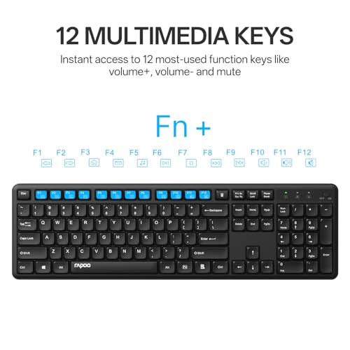 Rapoo X2100 Quiet Wireless Keyboard and Mouse Combo, 2.4GHz USB Receiver, 12 Multimedia Keys, Spill-Proof, Full-Sized, Compatible with PC, Laptop, Black
