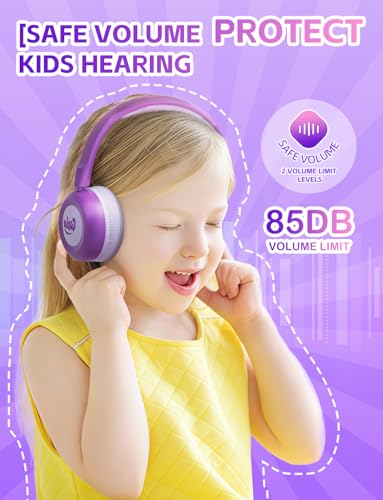 Kids Bluetooth Headphones,Toddler Headphones with Microphone,85dB Volume Limited,Bluetooth 5.4 Twistable Lightweight Kids Wireless Earphones for Boy Girl Tablet Travel School - color: Purple