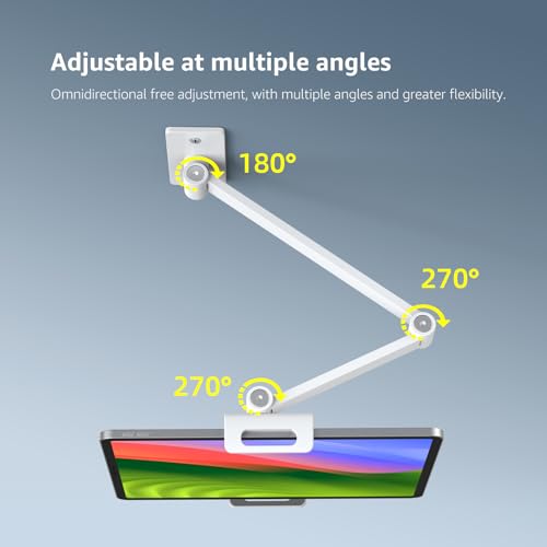 BEWISER Adjustable Tablet Wall Mount Holder, Swivel 360 Rotating, Compatible with 4.7-12.9 inch Devices, High-Grade Aluminium Alloy, White - color: White