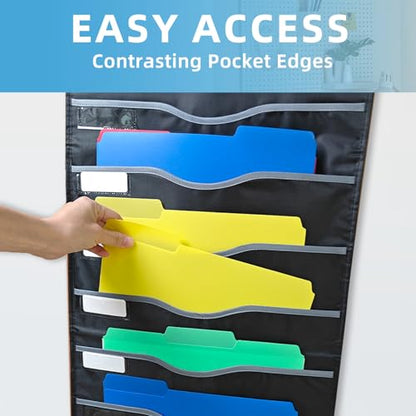 ALSLEA 11 Pockets Hanging Wall File Organizer 15" Extra Wide Pocket Chart for Classroom, Office, Home, Mail Organizer Wall Mounted with 1 Writable Clear Pocket, 5 Wall/Door Hooks & 12 Labels (Black) - size: Large (11 Pockets)