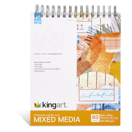 KINGART Mixed Media Sketchbook – 8x10 Inch, 1-Pack – 60 Sheets (98 lb / 160 GSM), Heavyweight Acid-Free Paper – Spiral-Bound Art Pad for Wet & Dry Media