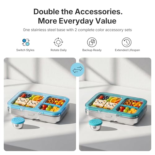 Leak-Resistant 18/8 Stainless Steel Bento Lunch Box Kids 7+ and Adults | 2 Swappable Style Accessories, BPA-Free Tritan Lid, Dishwasher Safe, School, Office & Travel - color: Blue