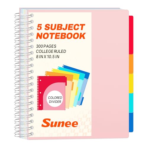 SUNEE Spiral Notebooks for Work with Removable Dividers & Tabs – College Ruled 5 Subject, 300 Pages, 3 Hole Punched, Durable PP Cover, 8"x10.5" – Notebooks for Office or School, Pink - color: Pink, style: College Ruled