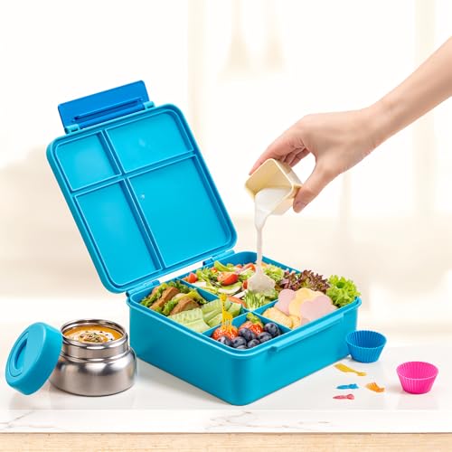 JSLOVE Bento Lunch Box with Leak Proof Thermos Food Jar for Kids, Food Lunch Containers for Boys with 4 Compartments, BPA-Free with Utensils, Food Picks, Sauce Jar & Silicone Lunch Box Dividers - color: Blue